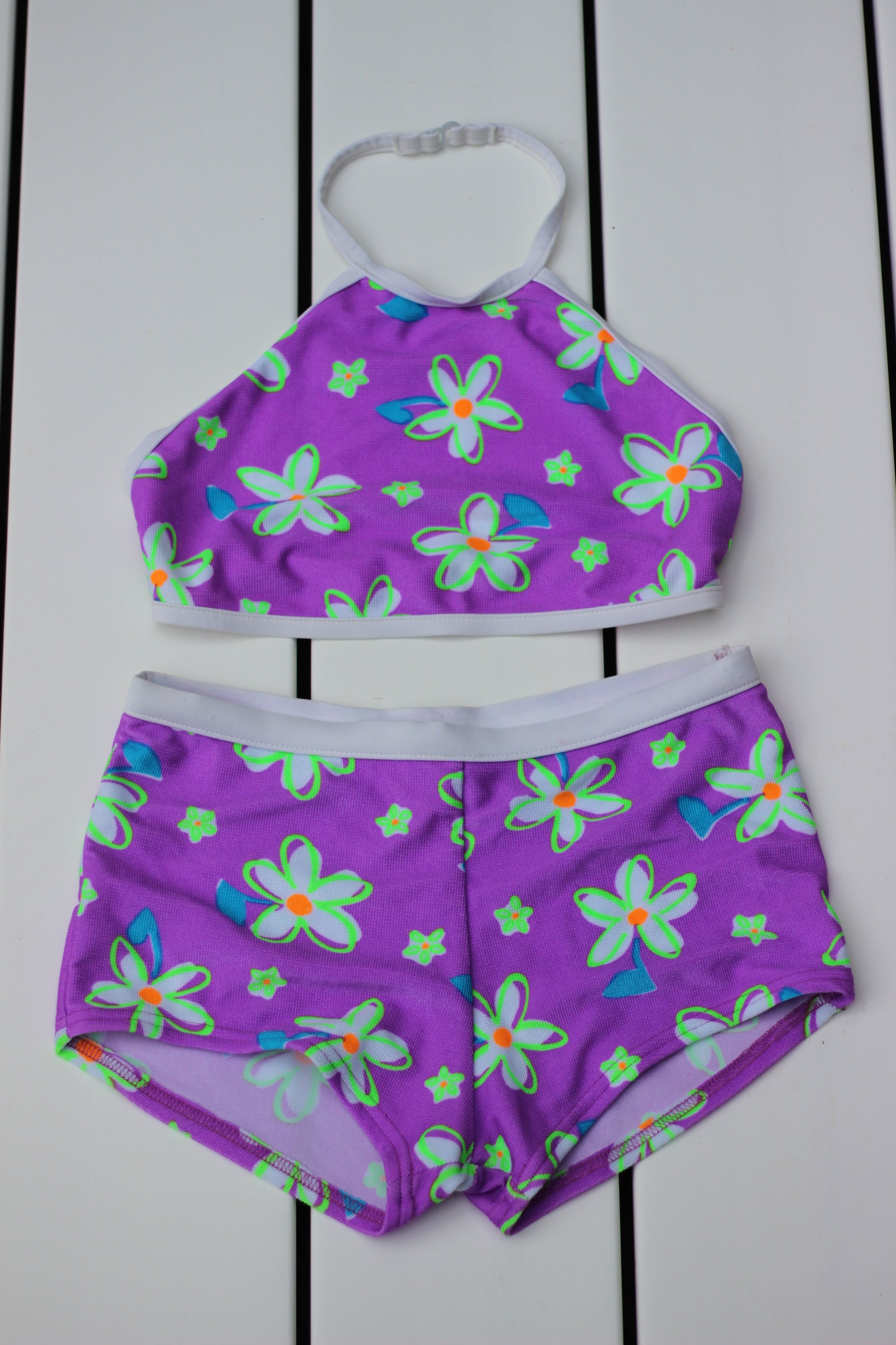 80's Vintage Floral Boy Shorts & Halter Top Bathing Suit (S/M)